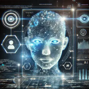 A digital humanoid head looking out of a digital screen