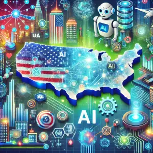 A map of the USA with a robot and electronic components