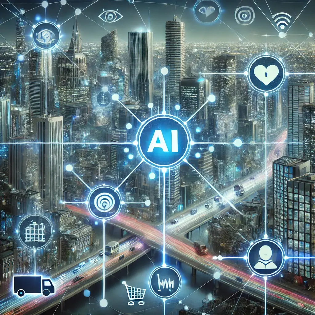 DALL·E 2025 01 25 10.51.05 A conceptual digital illustration of Artificial Intelligences influence on modern society. The image should include a futuristic cityscape subtly ove