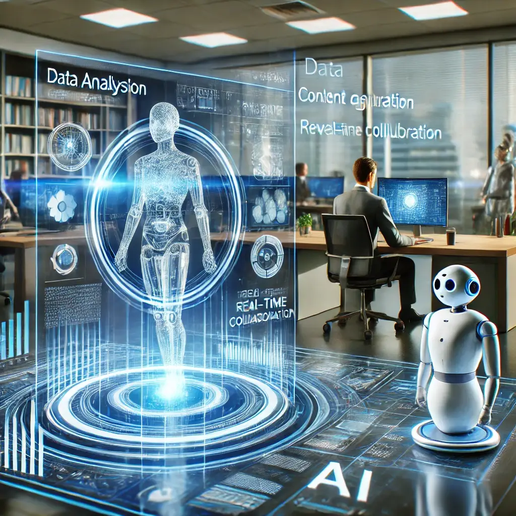DALL·E 2025 01 30 15.55.25 A futuristic AI powered workspace with a sleek holographic interface displaying data analysis content generation and real time collaboration tools