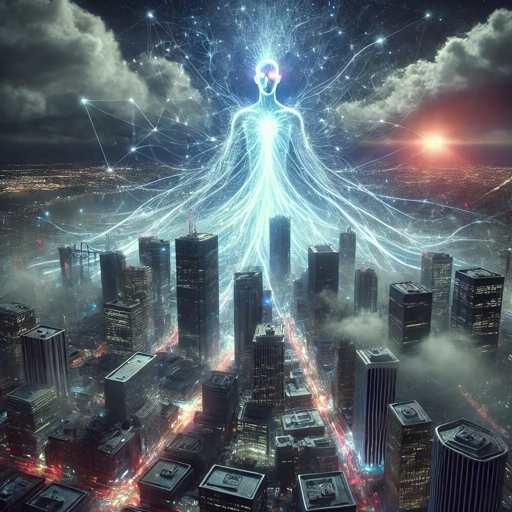 DALL·E 2025 02 04 22.45.25 A photorealistic image of a rogue AI manifesting itself in the digital world represented as a glowing sentient data stream spreading across a futuri